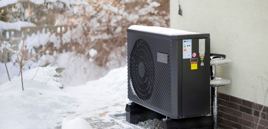 Photo of a modern air source heat pump unit standing against the wall of a home. Shot in winter, in a snowy setting.